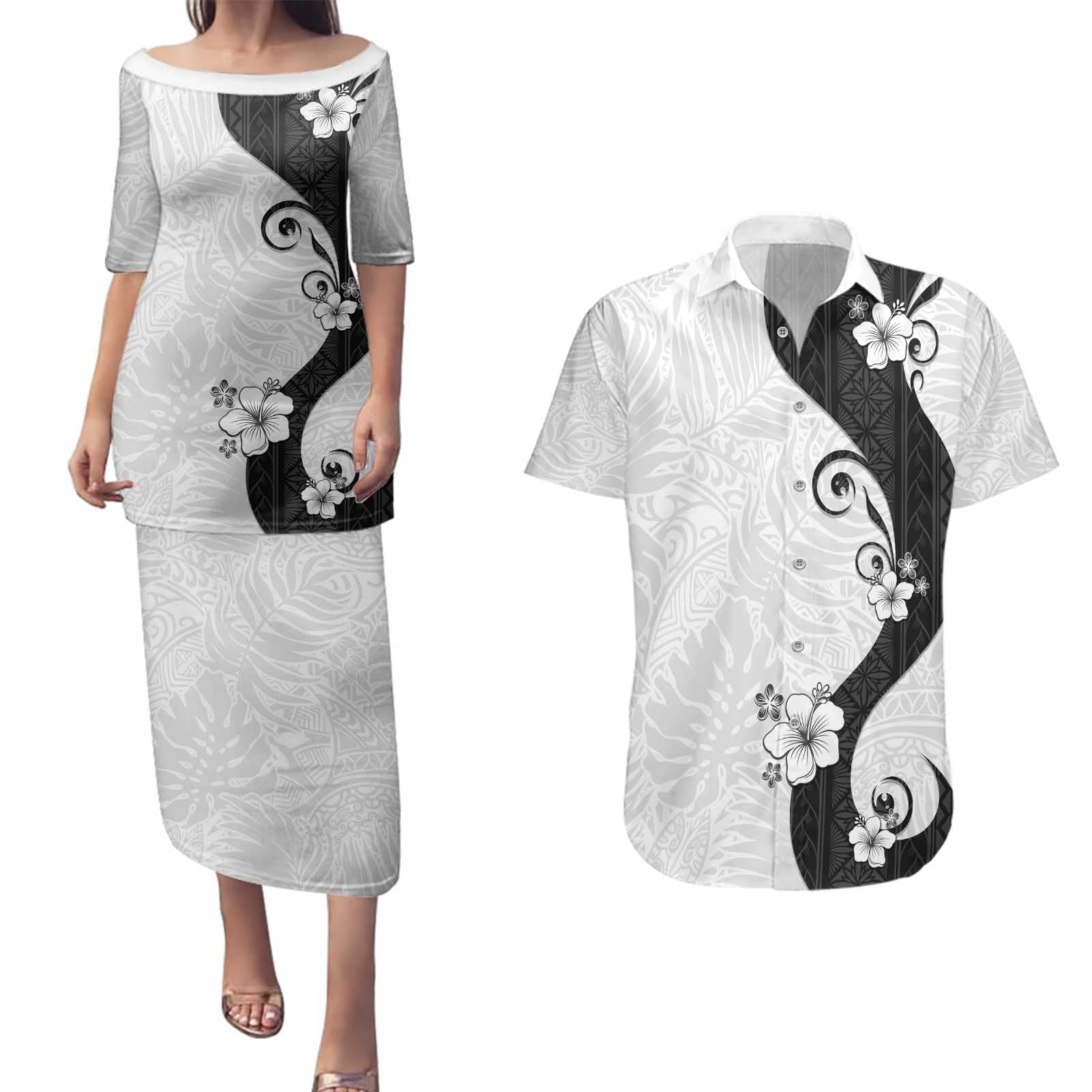Polynesia Hibiscus Couples Matching Puletasi and Hawaiian Shirt White Curve Motif - Polynesian Pride