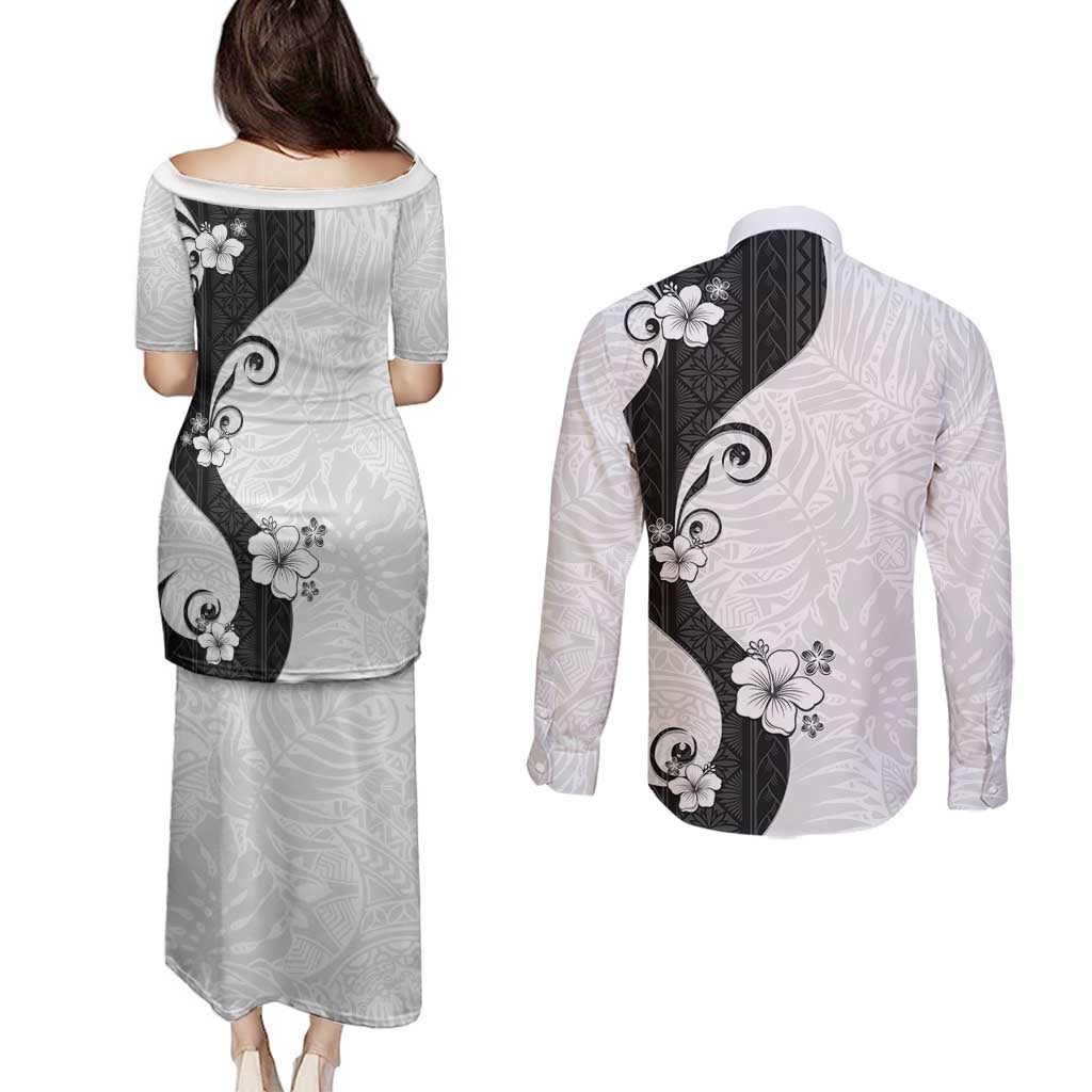 Polynesia Hibiscus Couples Matching Puletasi and Long Sleeve Button Shirt White Curve Motif LT05 - Polynesian Pride