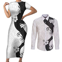 Polynesia Hibiscus Couples Matching Short Sleeve Bodycon Dress and Long Sleeve Button Shirt White Curve Motif LT05 White - Polynesian Pride