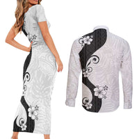 Polynesia Hibiscus Couples Matching Short Sleeve Bodycon Dress and Long Sleeve Button Shirt White Curve Motif LT05 - Polynesian Pride