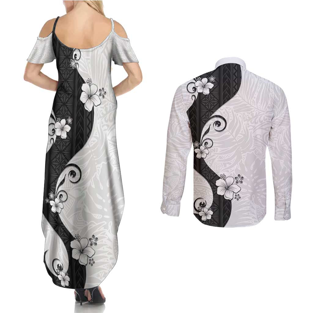 Polynesia Hibiscus Couples Matching Summer Maxi Dress and Long Sleeve Button Shirt White Curve Motif LT05 - Polynesian Pride