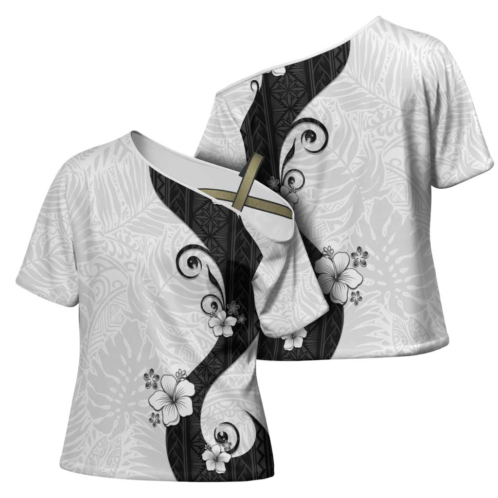 Polynesia Hibiscus Cross Shoulder Shirt White Curve Motif LT05 - Polynesian Pride