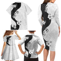 Polynesia Hibiscus Family Matching Long Sleeve Bodycon Dress and Hawaiian Shirt White Curve Motif - Polynesian Pride
