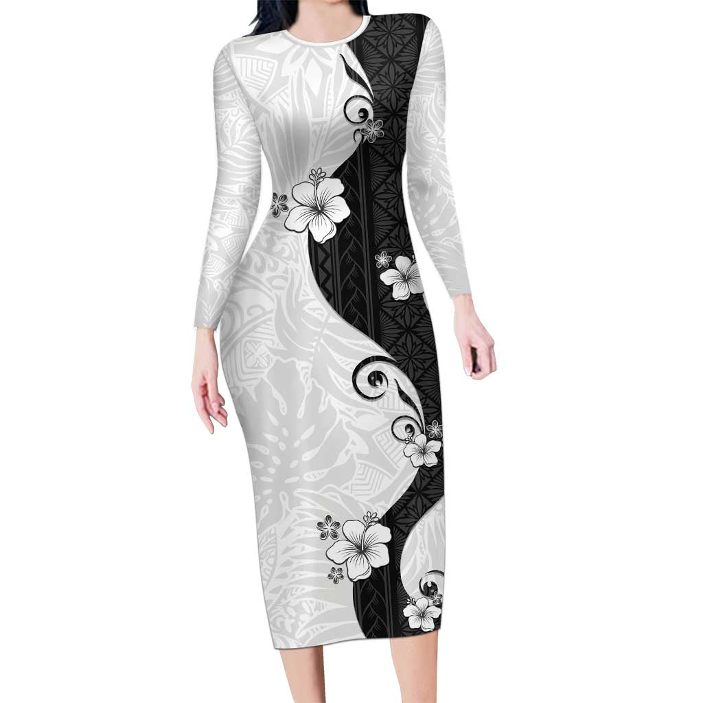 Polynesia Hibiscus Family Matching Long Sleeve Bodycon Dress and Hawaiian Shirt White Curve Motif - Polynesian Pride