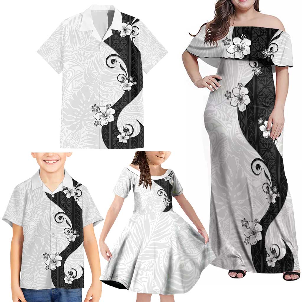 Polynesia Hibiscus Family Matching Off Shoulder Maxi Dress and Hawaiian Shirt White Curve Motif - Polynesian Pride