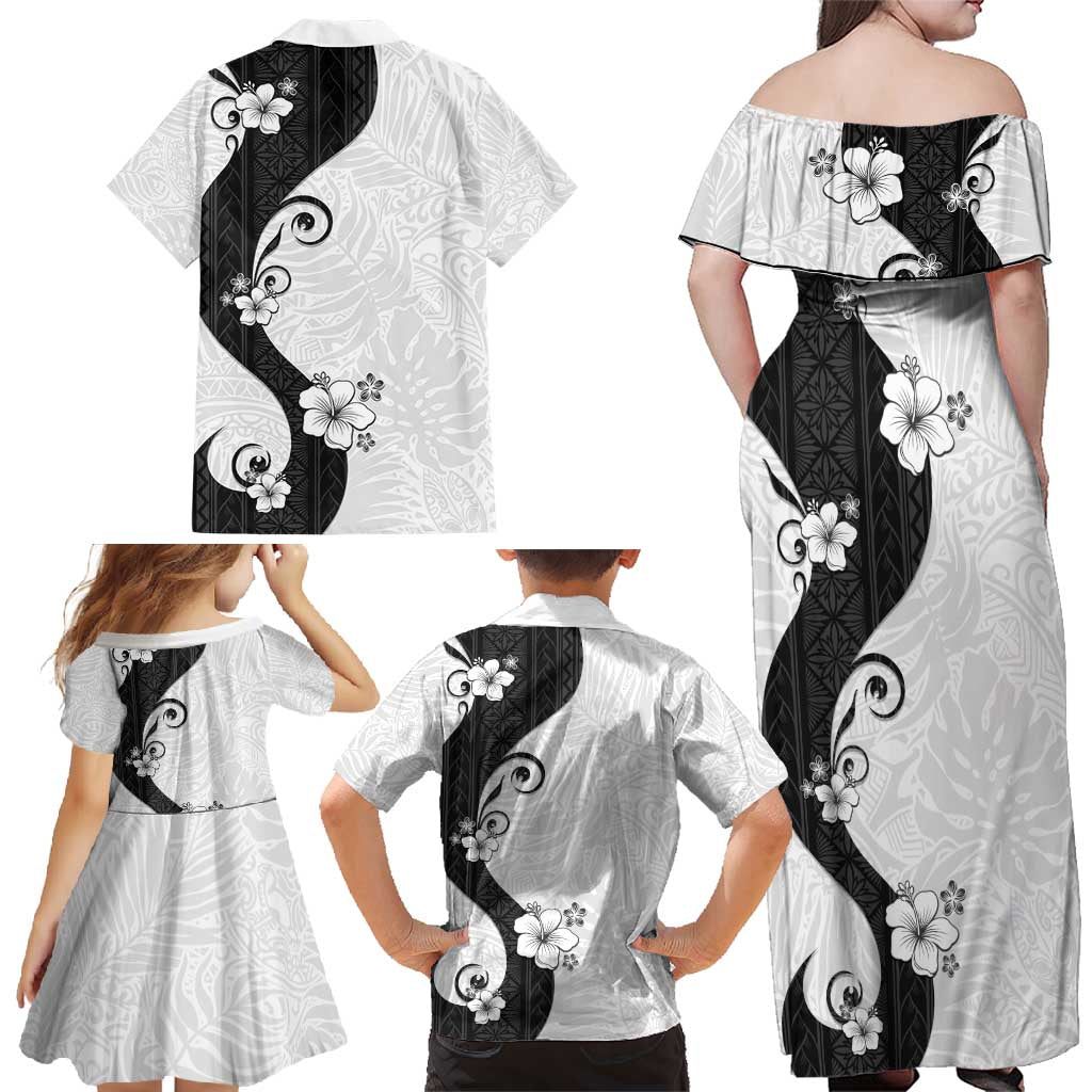 Polynesia Hibiscus Family Matching Off Shoulder Maxi Dress and Hawaiian Shirt White Curve Motif - Polynesian Pride