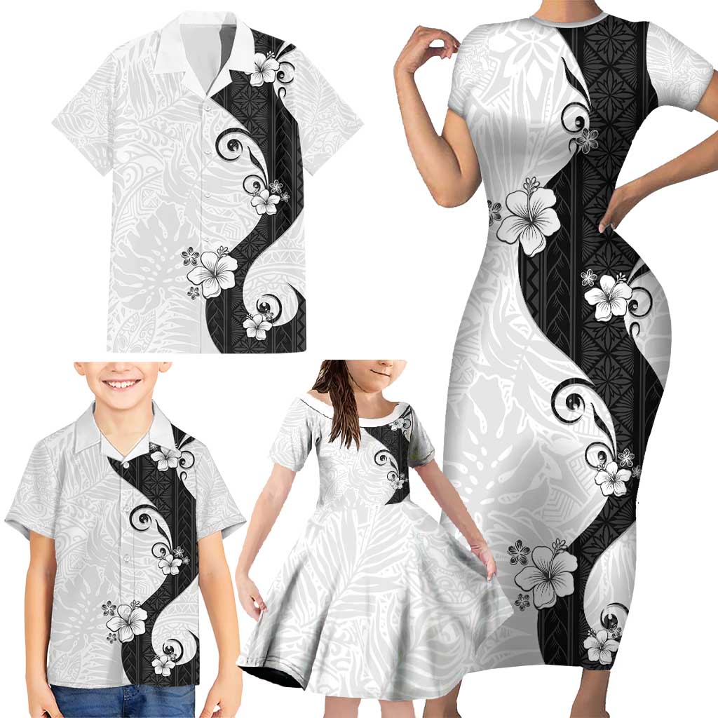 Polynesia Hibiscus Family Matching Short Sleeve Bodycon Dress and Hawaiian Shirt White Curve Motif - Polynesian Pride