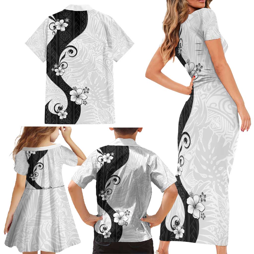 Polynesia Hibiscus Family Matching Short Sleeve Bodycon Dress and Hawaiian Shirt White Curve Motif - Polynesian Pride