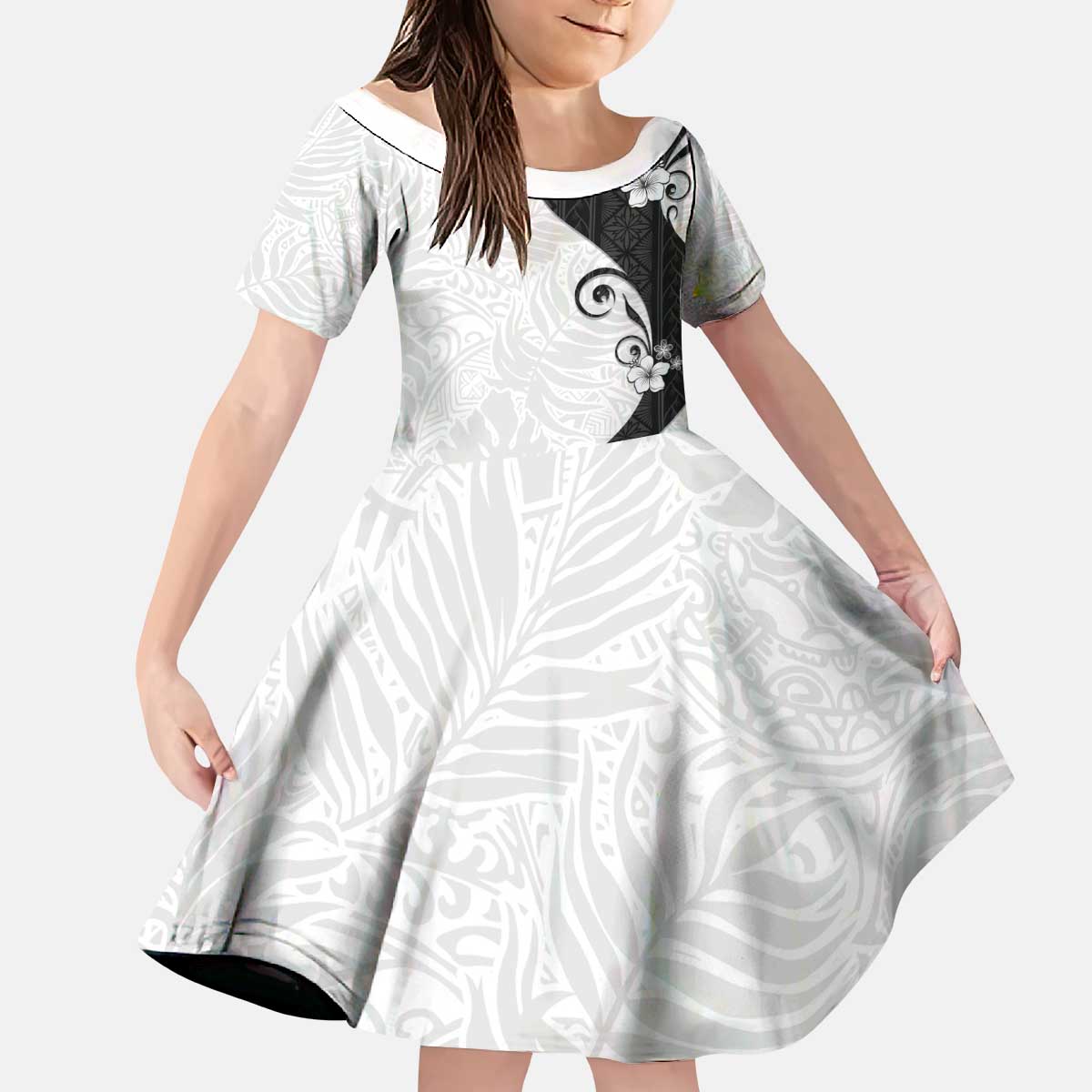 Polynesia Hibiscus Kid Short Sleeve Dress White Curve Motif - Polynesian Pride
