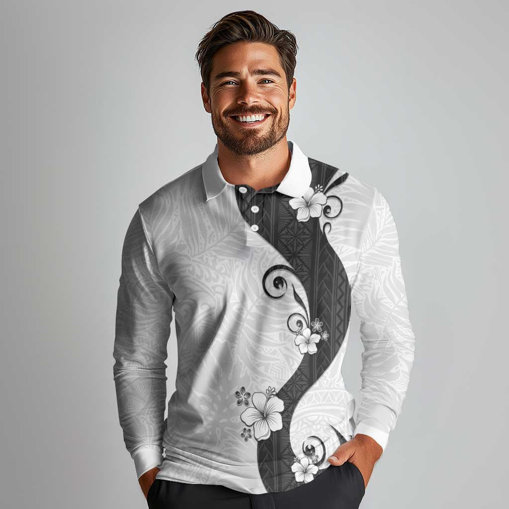 Polynesia Hibiscus Long Sleeve Polo Shirt White Curve Motif LT05 - Polynesian Pride