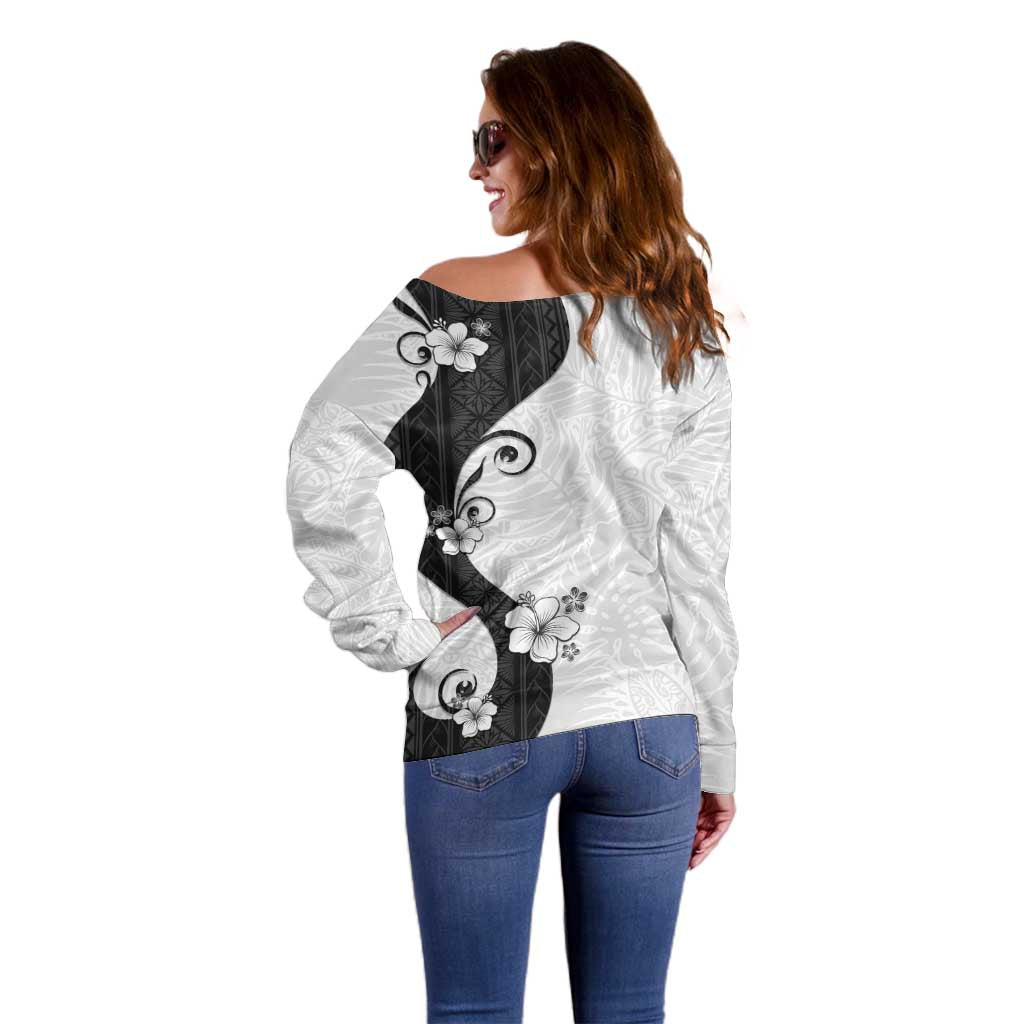 Polynesia Hibiscus Off Shoulder Sweater White Curve Motif - Polynesian Pride
