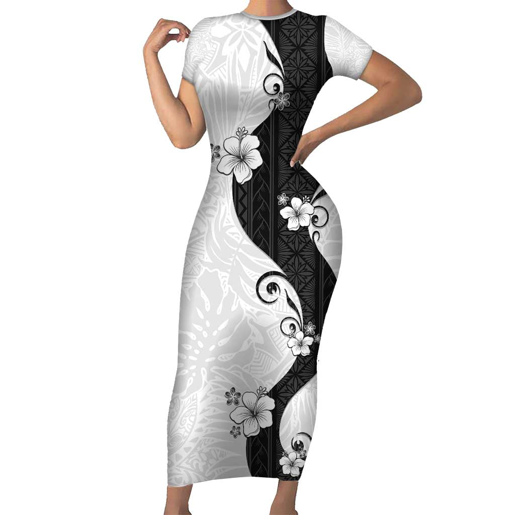 Polynesia Hibiscus Short Sleeve Bodycon Dress White Curve Motif - Polynesian Pride