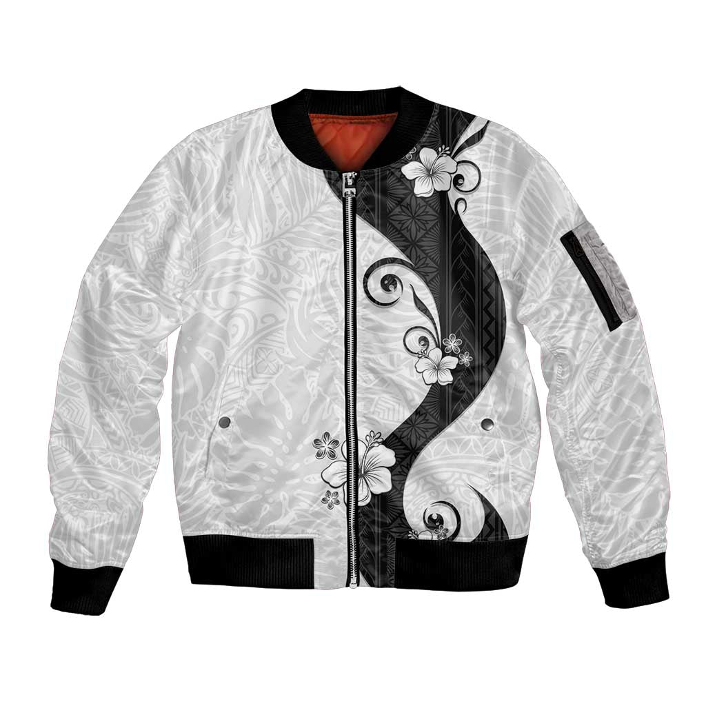 Polynesia Hibiscus Sleeve Zip Bomber Jacket White Curve Motif - Polynesian Pride