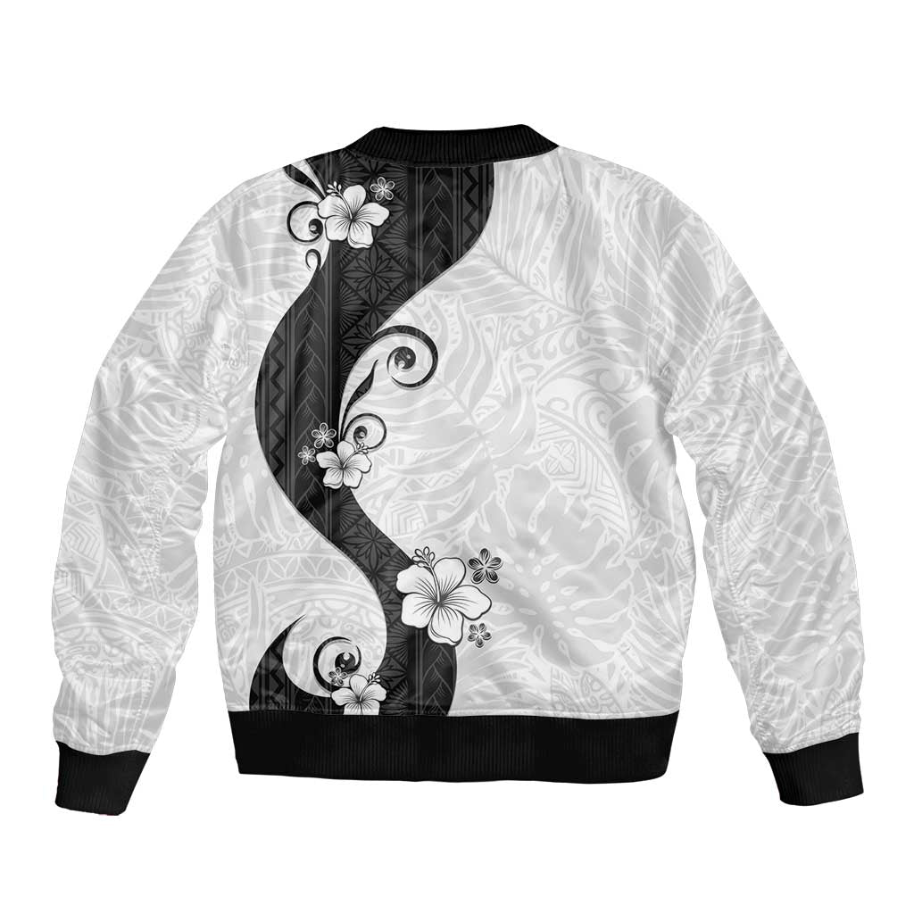 Polynesia Hibiscus Sleeve Zip Bomber Jacket White Curve Motif - Polynesian Pride