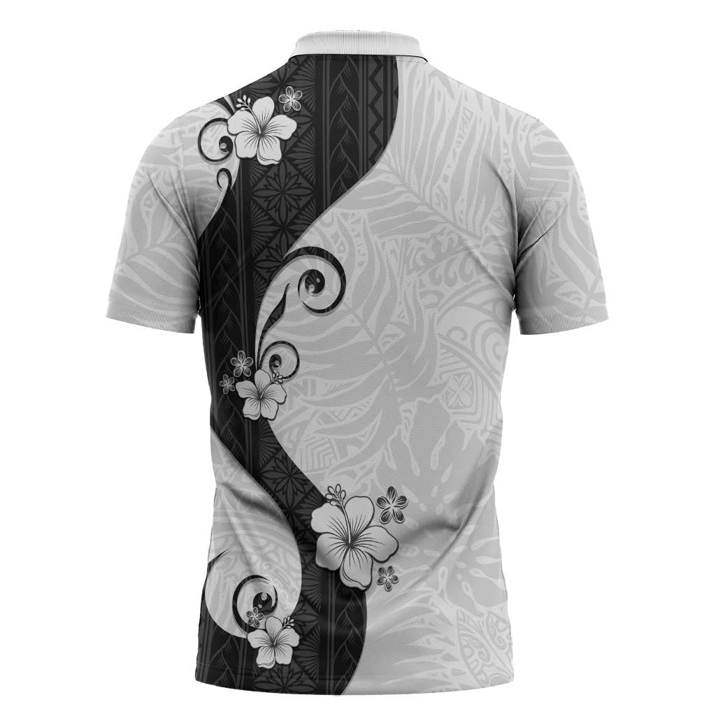Polynesia Hibiscus Zipper Polo Shirt White Curve Motif LT05 - Polynesian Pride