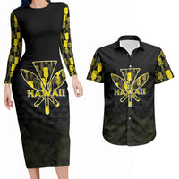 Personalised Aloha Hawaii Kahili Couples Matching Long Sleeve Bodycon Dress and Hawaiian Shirt Kanaka Maoli With Kakau Pattern LT05 Black - Polynesian Pride