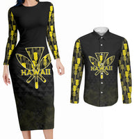 Personalised Aloha Hawaii Kahili Couples Matching Long Sleeve Bodycon Dress and Long Sleeve Button Shirt Kanaka Maoli With Kakau Pattern LT05 Black - Polynesian Pride