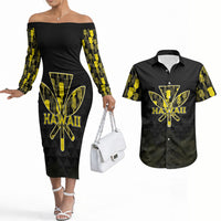 Personalised Aloha Hawaii Kahili Couples Matching Off The Shoulder Long Sleeve Dress and Hawaiian Shirt Kanaka Maoli With Kakau Pattern LT05 Black - Polynesian Pride