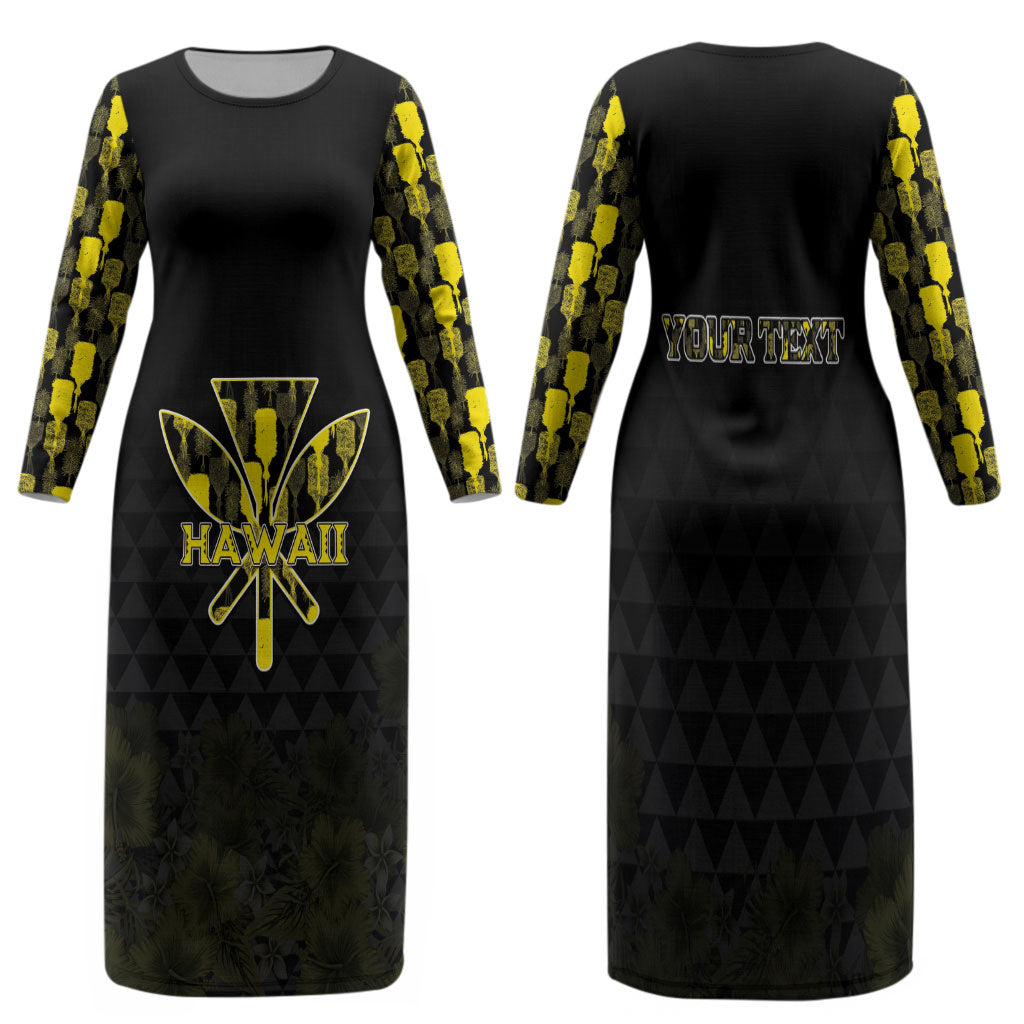 Personalised Aloha Hawaii Kahili Family Matching Long Sleeve Bodycon Dress and Hawaiian Shirt Kanaka Maoli With Kakau Pattern LT05 Mom's Dress Black - Polynesian Pride