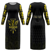 Personalised Aloha Hawaii Kahili Family Matching Long Sleeve Bodycon Dress and Hawaiian Shirt Kanaka Maoli With Kakau Pattern LT05 Mom's Dress Black - Polynesian Pride