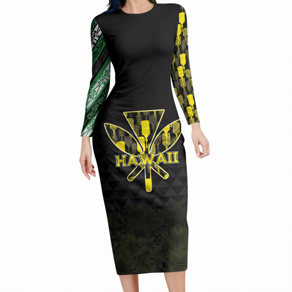 Personalised Aloha Hawaii Kahili Long Sleeve Bodycon Dress Kanaka Maoli With Kakau Pattern LT05 Long Dress Black - Polynesian Pride