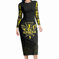 Personalised Aloha Hawaii Kahili Long Sleeve Bodycon Dress Kanaka Maoli With Kakau Pattern LT05 Long Dress Black - Polynesian Pride