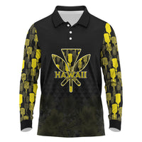Personalised Aloha Hawaii Kahili Long Sleeve Polo Shirt Kanaka Maoli With Kakau Pattern LT05 Black - Polynesian Pride