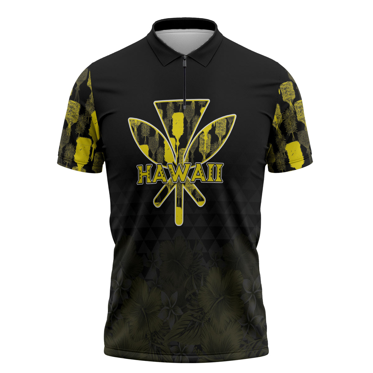 Personalised Aloha Hawaii Kahili Zipper Polo Shirt Kanaka Maoli With Kakau Pattern LT05 Black - Polynesian Pride