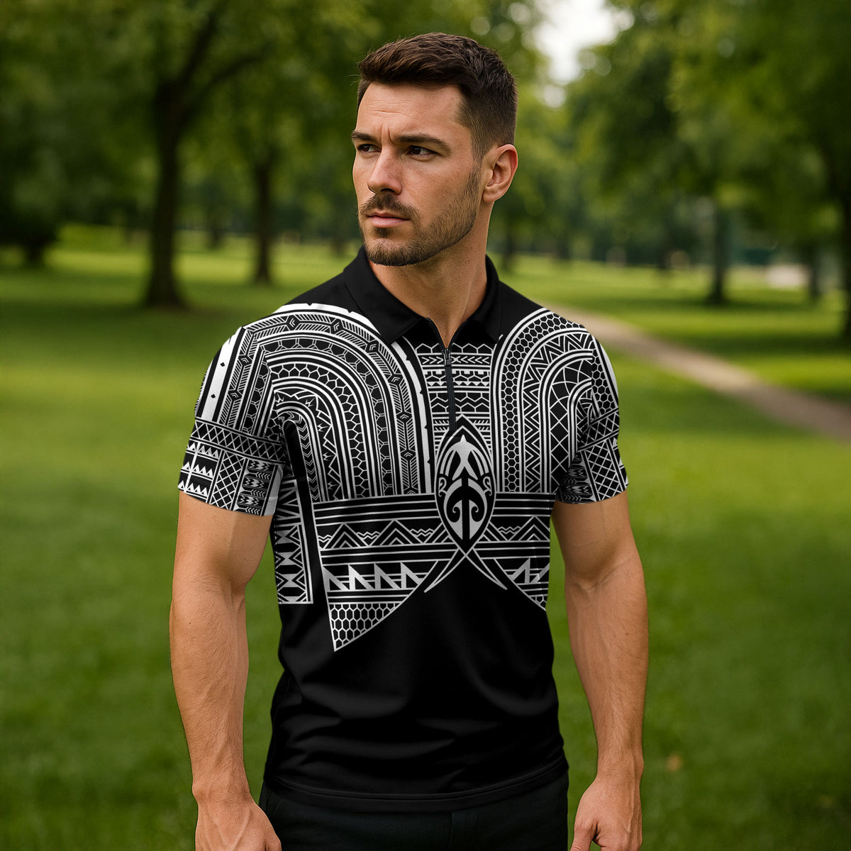 Philippines Igorot Tribal Inspired Zipper Polo Shirt Black Version LT05 - Polynesian Pride