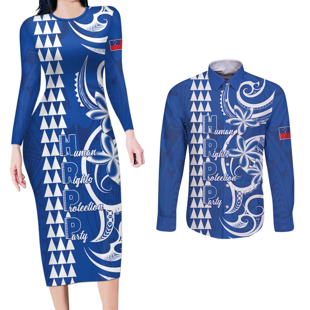 Samoa HRPP Party Couples Matching Long Sleeve Bodycon Dress and Long Sleeve Button Shirt Polynesian Pattern LT05 Blue - Polynesian Pride