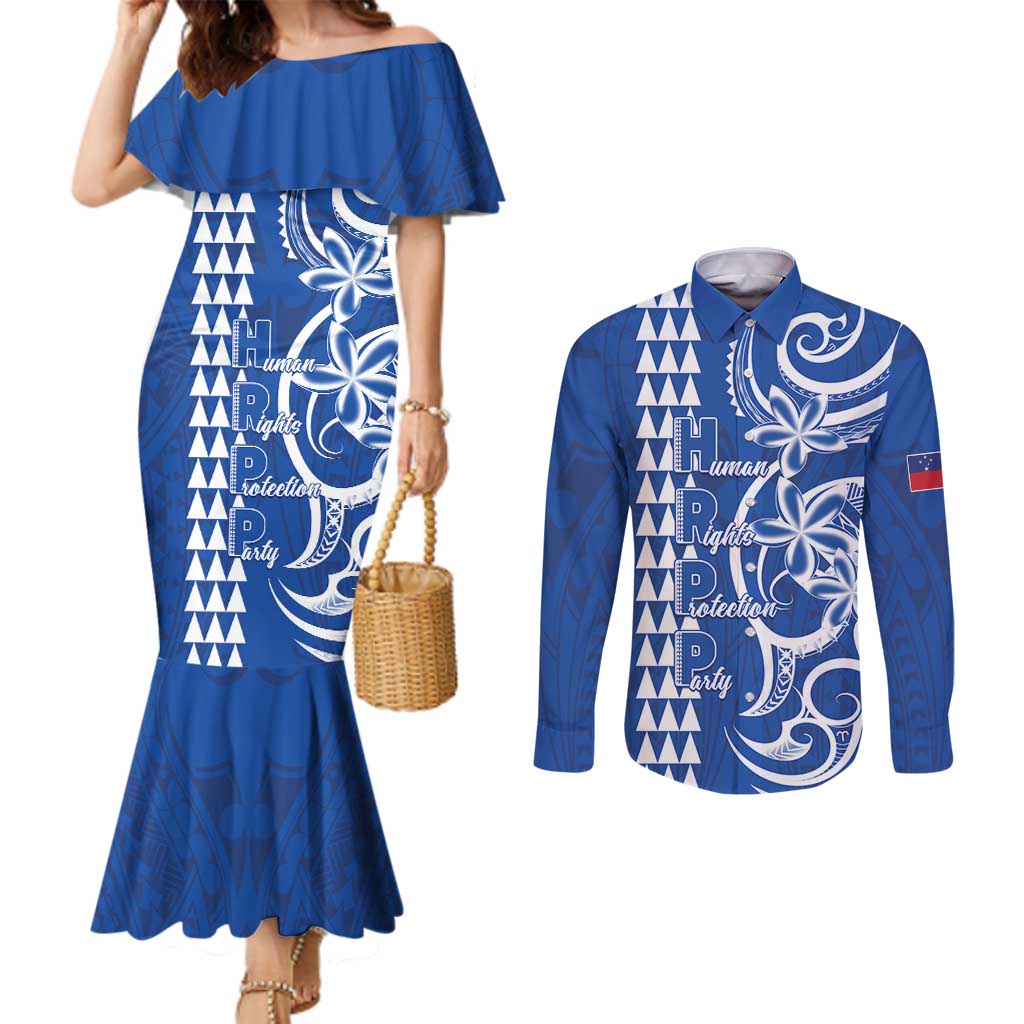 Samoa HRPP Party Couples Matching Mermaid Dress and Long Sleeve Button Shirt Polynesian Pattern LT05 Blue - Polynesian Pride