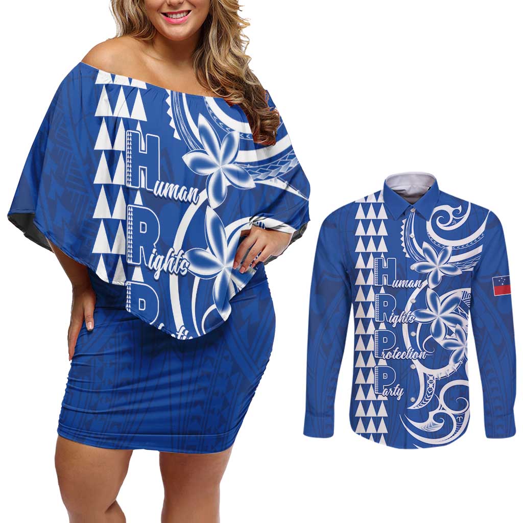Samoa HRPP Party Couples Matching Off Shoulder Short Dress and Long Sleeve Button Shirt Polynesian Pattern LT05 Blue - Polynesian Pride