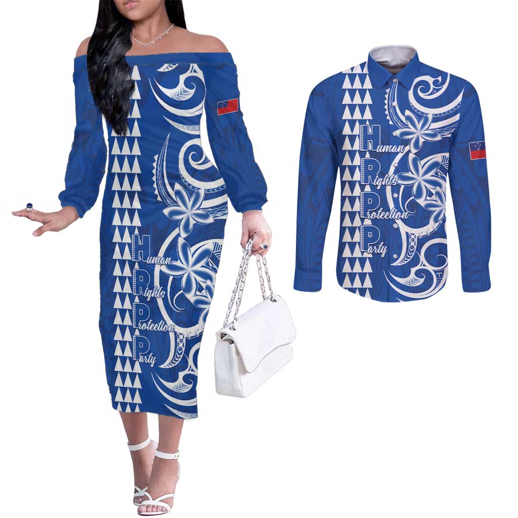 Samoa HRPP Party Couples Matching Off The Shoulder Long Sleeve Dress and Long Sleeve Button Shirt Polynesian Pattern LT05 Blue - Polynesian Pride