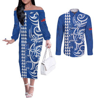 Samoa HRPP Party Couples Matching Off The Shoulder Long Sleeve Dress and Long Sleeve Button Shirt Polynesian Pattern LT05 Blue - Polynesian Pride