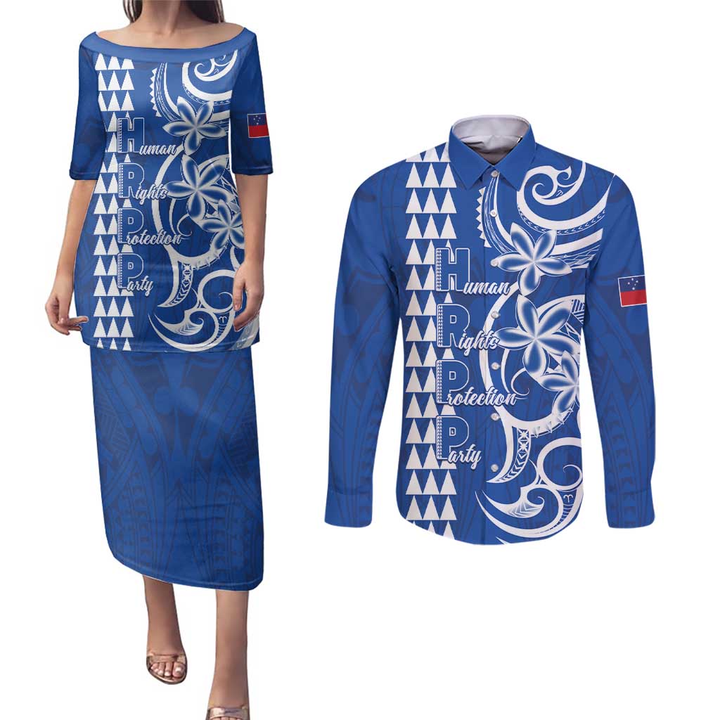 Samoa HRPP Party Couples Matching Puletasi and Long Sleeve Button Shirt Polynesian Pattern LT05 Blue - Polynesian Pride