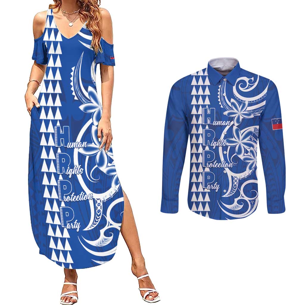 Samoa HRPP Party Couples Matching Summer Maxi Dress and Long Sleeve Button Shirt Polynesian Pattern LT05 Blue - Polynesian Pride