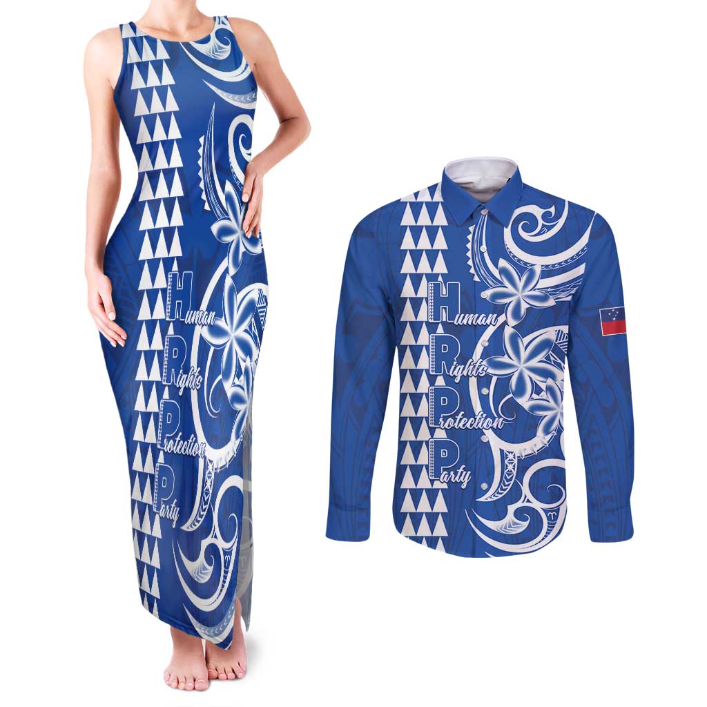Samoa HRPP Party Couples Matching Tank Maxi Dress and Long Sleeve Button Shirt Polynesian Pattern LT05 Blue - Polynesian Pride