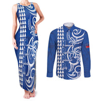Samoa HRPP Party Couples Matching Tank Maxi Dress and Long Sleeve Button Shirt Polynesian Pattern LT05 Blue - Polynesian Pride