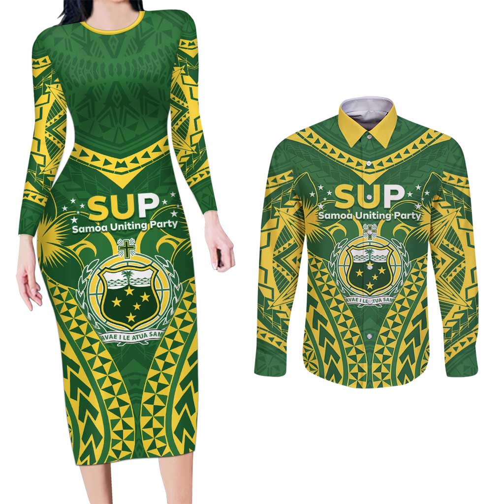 Samoa SUP Couples Matching Long Sleeve Bodycon Dress and Long Sleeve Button Shirt Samoan Coat Of Arms LT05 Green - Polynesian Pride