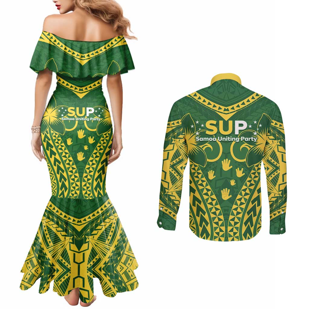 Samoa SUP Couples Matching Mermaid Dress and Long Sleeve Button Shirt Samoan Coat Of Arms LT05 - Polynesian Pride