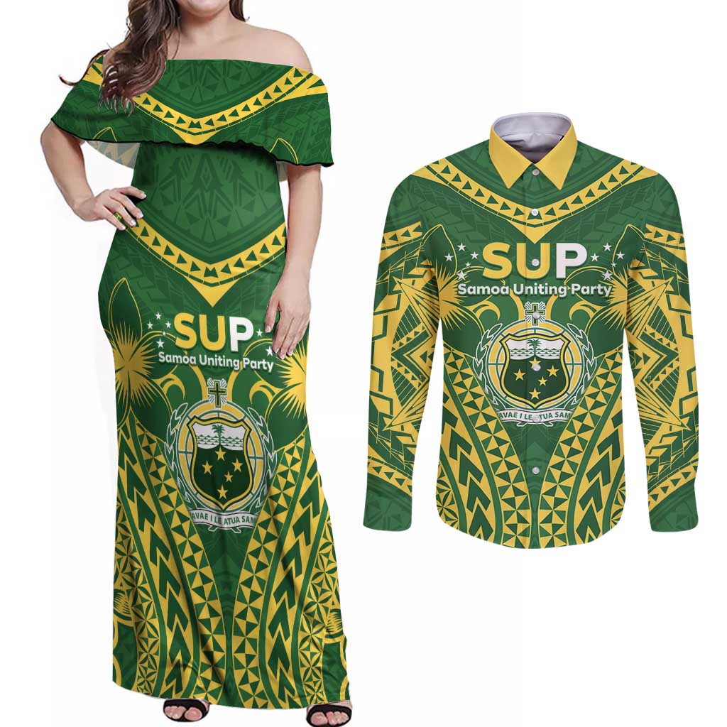 Samoa SUP Couples Matching Off Shoulder Maxi Dress and Long Sleeve Button Shirt Samoan Coat Of Arms LT05 Green - Polynesian Pride