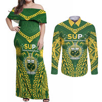 Samoa SUP Couples Matching Off Shoulder Maxi Dress and Long Sleeve Button Shirt Samoan Coat Of Arms LT05 Green - Polynesian Pride