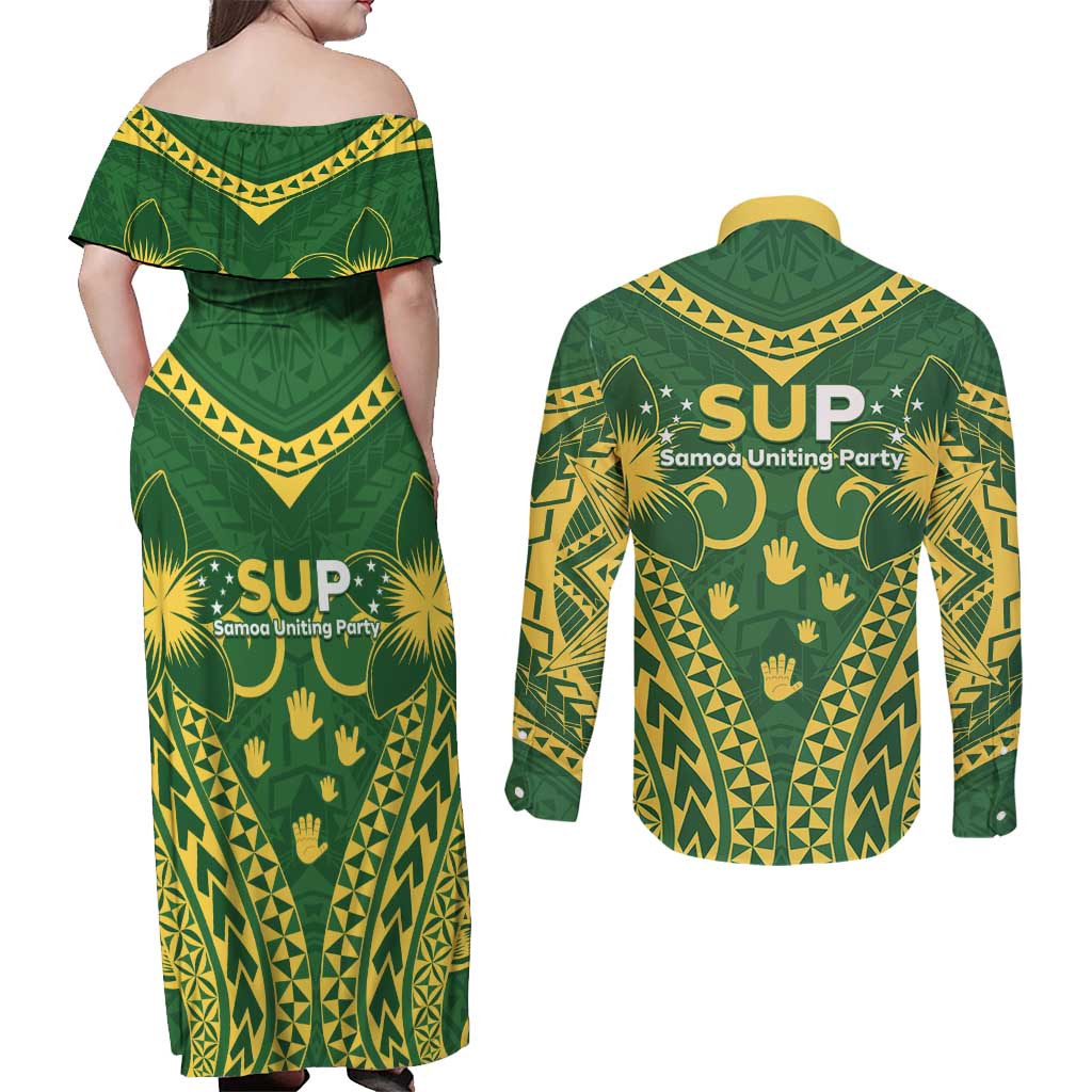 Samoa SUP Couples Matching Off Shoulder Maxi Dress and Long Sleeve Button Shirt Samoan Coat Of Arms LT05 - Polynesian Pride