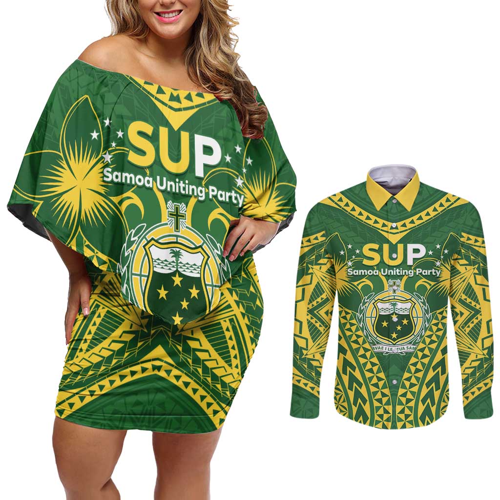 Samoa SUP Couples Matching Off Shoulder Short Dress and Long Sleeve Button Shirt Samoan Coat Of Arms LT05 Green - Polynesian Pride