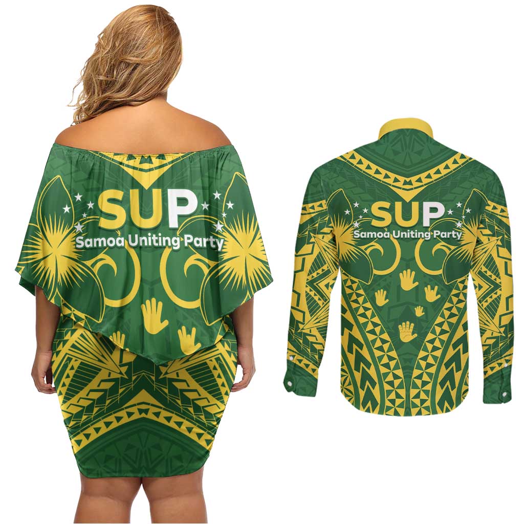 Samoa SUP Couples Matching Off Shoulder Short Dress and Long Sleeve Button Shirt Samoan Coat Of Arms LT05 - Polynesian Pride