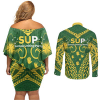 Samoa SUP Couples Matching Off Shoulder Short Dress and Long Sleeve Button Shirt Samoan Coat Of Arms LT05 - Polynesian Pride