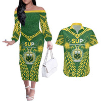 Samoa SUP Couples Matching Off The Shoulder Long Sleeve Dress and Hawaiian Shirt Samoan Coat Of Arms - Polynesian Pride