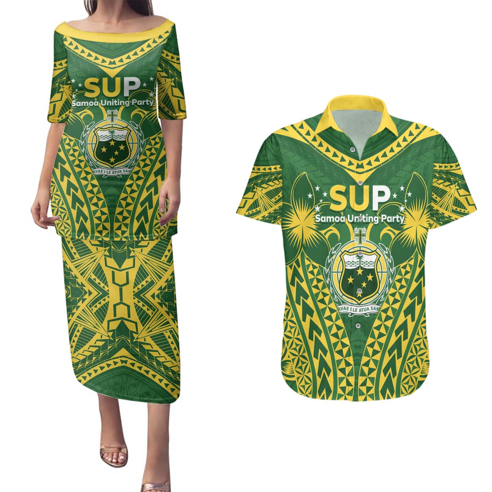 Samoa SUP Couples Matching Puletasi and Hawaiian Shirt Samoan Coat Of Arms LT05 Green - Polynesian Pride