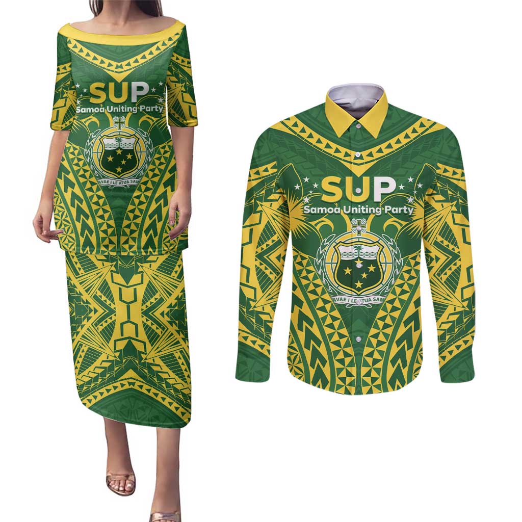 Samoa SUP Couples Matching Puletasi and Long Sleeve Button Shirt Samoan Coat Of Arms LT05 Green - Polynesian Pride