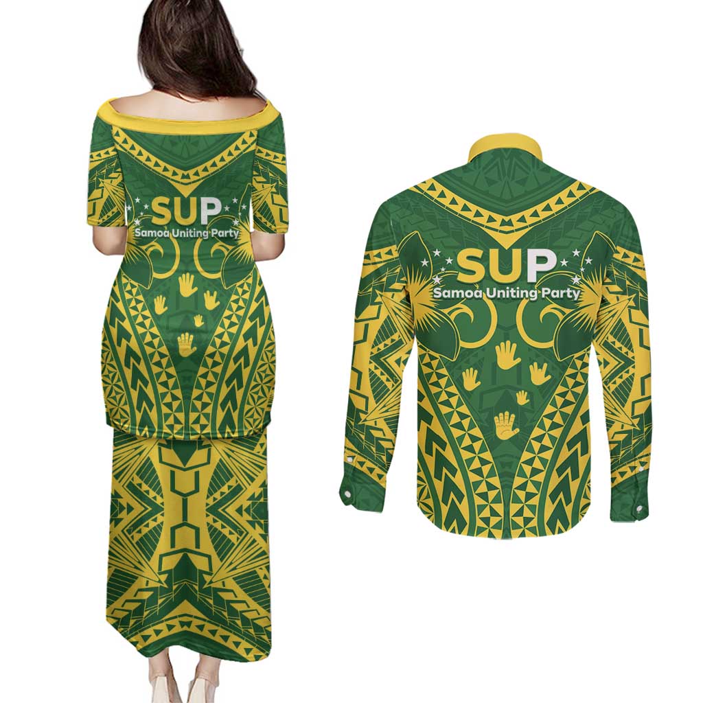 Samoa SUP Couples Matching Puletasi and Long Sleeve Button Shirt Samoan Coat Of Arms LT05 - Polynesian Pride